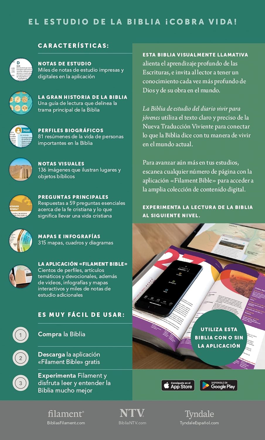 Biblia de estudio del diario vivir para jóvenes NTV con Filament, Tapa dura, Verde