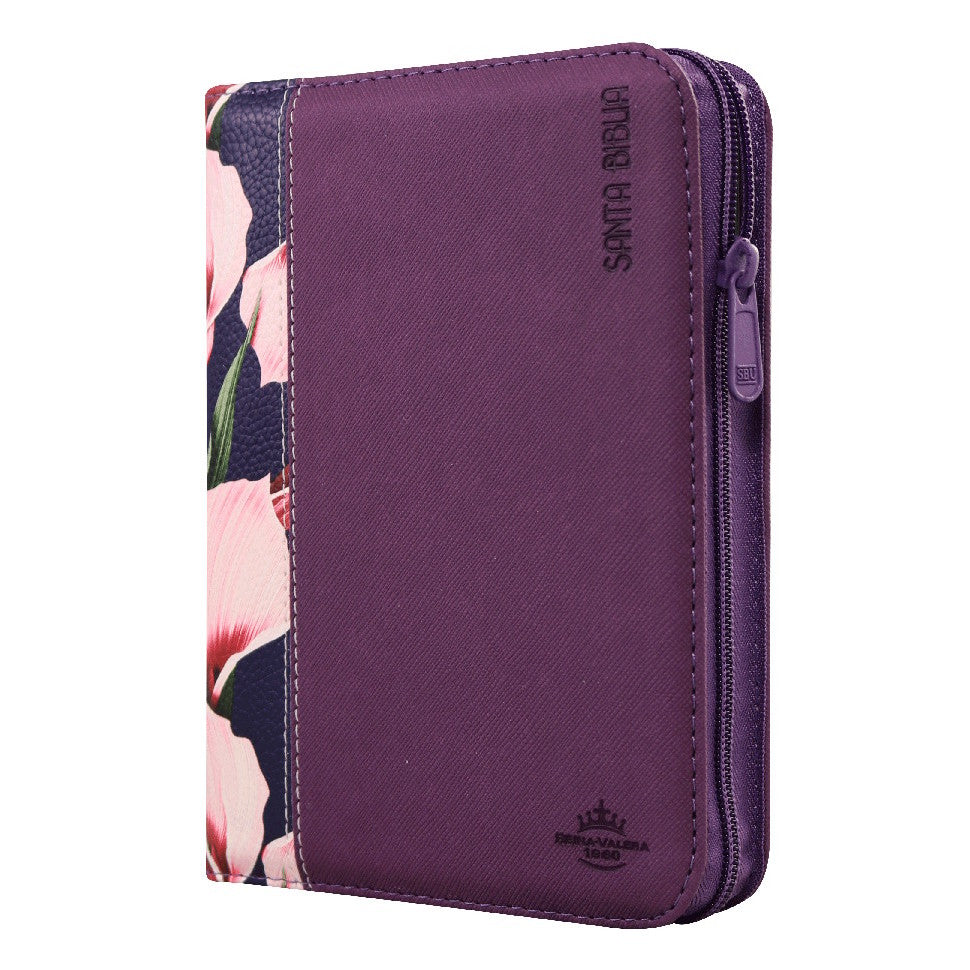 Biblia RVR compacta concordancia cierre diseño flores lila