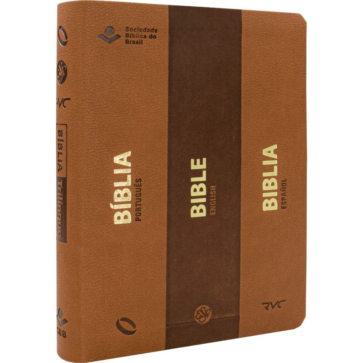 Biblia Trilíngue Portugués Inglés Español NAA ESV RVC Marrón Símil Piel