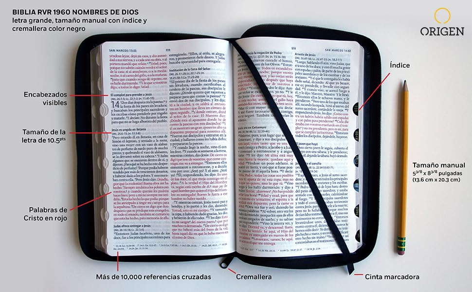 Biblia RVR 1960 Nombres de Dios letra grande tamaño manual con índice y cierre color negro
