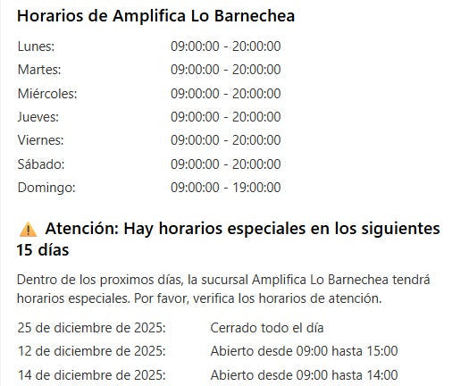 Horarios Retiro en fin de año en Carmen 1323
