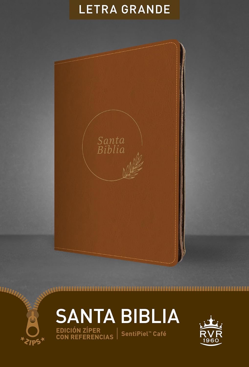 Santa Biblia RVR60, con cierre, referencias, letra mediana 9,5 (SentiPiel, Café, Letra Roja)