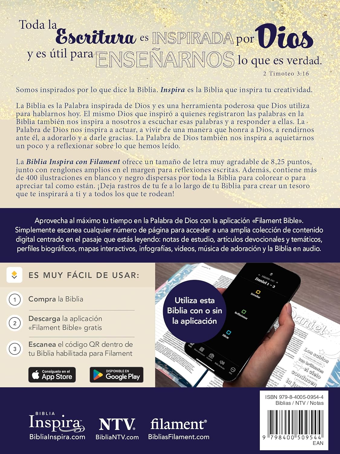 Biblia Inspira NTV con Filament SentiPiel, diseño Oro