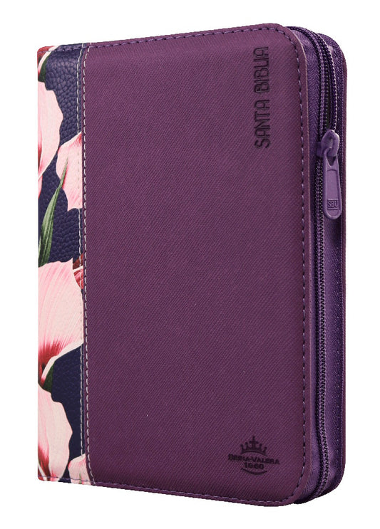 Biblia RVR compacta concordancia cierre diseño flores lila