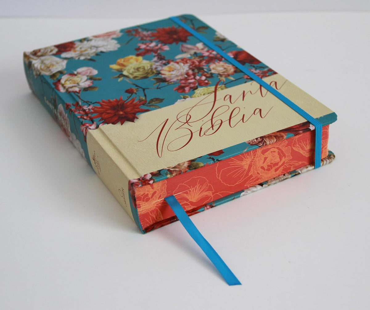 Biblia de Apuntes RVR 1960 Tapa dura, Azul celeste con flores, cantos pintados