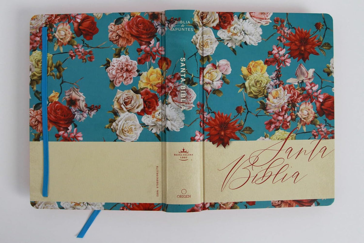 Biblia de Apuntes RVR 1960 Tapa dura, Azul celeste con flores, cantos pintados