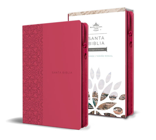 Biblia Reina Valera 1960 letra grande. Símil piel fucsia, cierre, tamaño manual