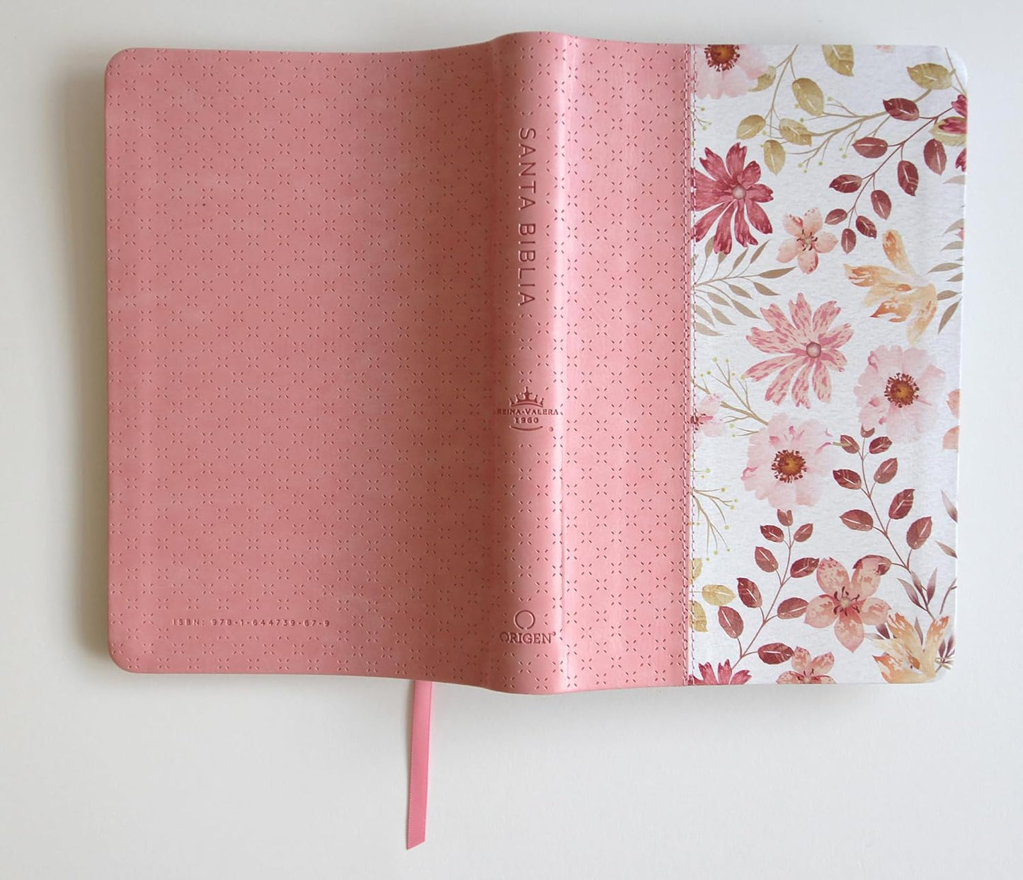 Biblia Reina Valera 1960 letra grande. Piel rosada con flores, tamaño manual