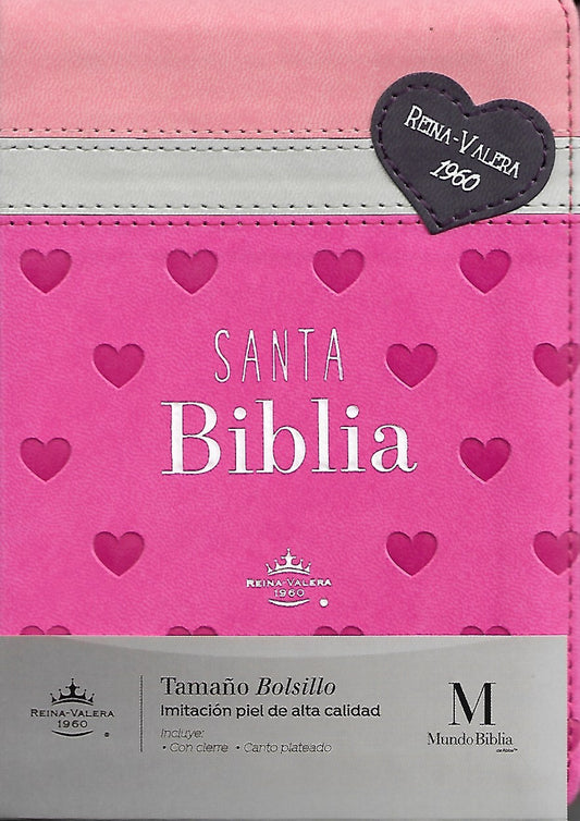 Biblia RVR60  de bolsilo cierre Fucsia con corazones