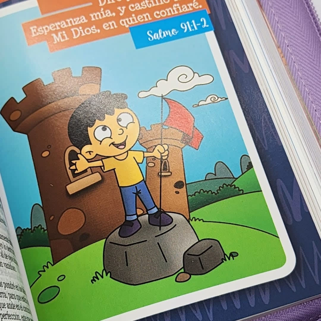 Biblia Reina Valera 1960 Mi Gran Viaje Lila Con Cierre niños ilustrada